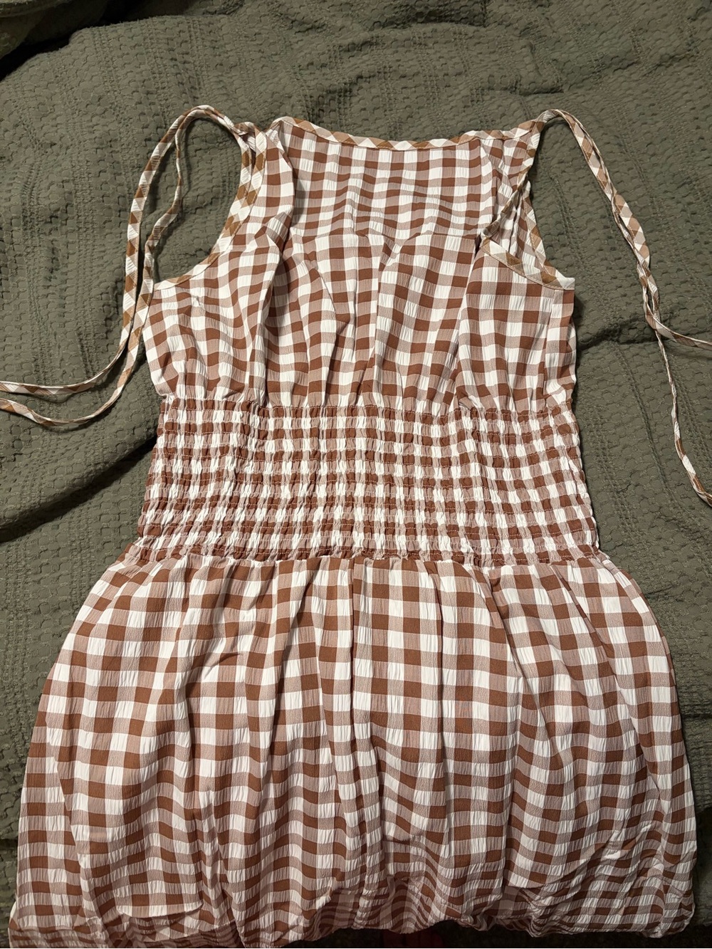 Tie-Shoulder Smocked Midi Dress in Beige Gingham - Picture 4 of 7